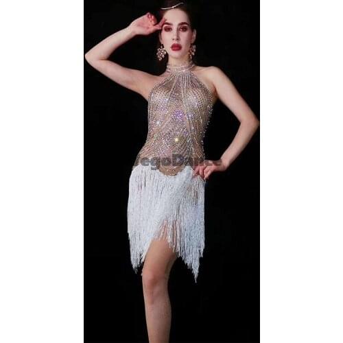 New Rhinestones Chain Women Birthday White Fringes Outfit Dancer Clothes Bar Prom Dresses