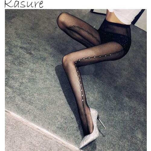 KASURE New Fashion Fishnet Tights With Crystal Stone Sexy Transparent High Elastic Waist Tights For Women