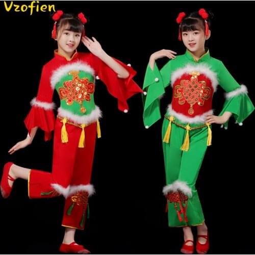 New Ancient Chinese Traditional New Years Day Dance Costume Child Girls Yangko Dance Costumes Festival Suit Umbrella Dance