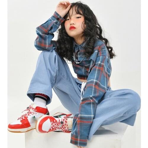 Girls' Hip Hop Dance Clothes Plaid Long Sleeved Pants Suit Jazz Dance Costumes ChildrenS Day Performance Rave Clothes DQS7089