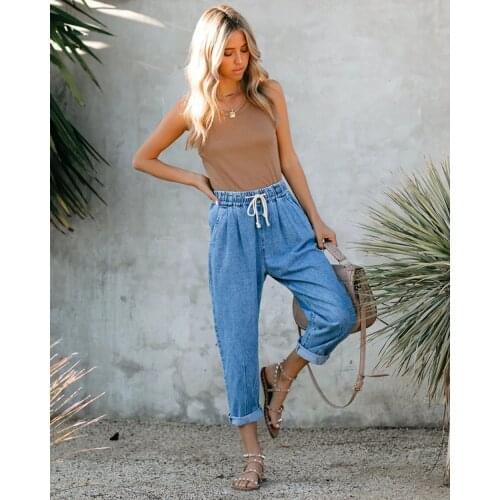Solid Color Jeans Loose Lace Up Denim Pants Elastic Straight Fashion Steetwear Cusal Ankle Length Trouser Pantalon Pour Femme