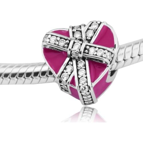 Gifts of Love Magenta Enamel Charm Silver Beads For Jewelry Making Fits European Bracelets Sterling Silver Jewelry Woman DIY