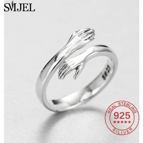 SMJEL 100% 925 Sterling Silver Hugging Hands Rings for Lovers' Engagement Wedding Jewelry Open Finger Rings for Women Femme