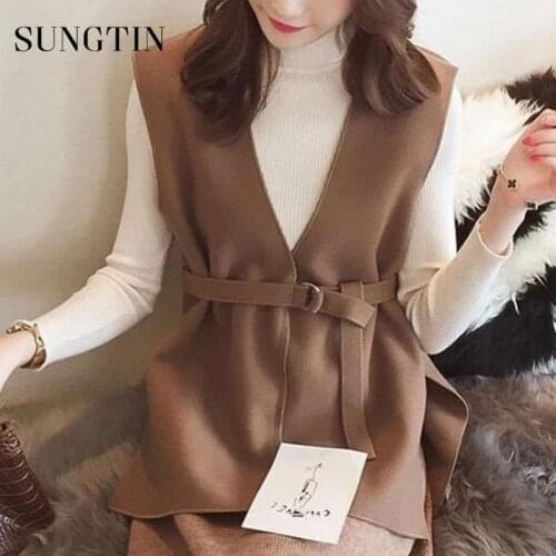 Sungtin Casual Plus Size Korean Sashes Woolen Vest Women Spring V Neck Thin Waistcoat with Belt Female Chic Vintage Loose Vest