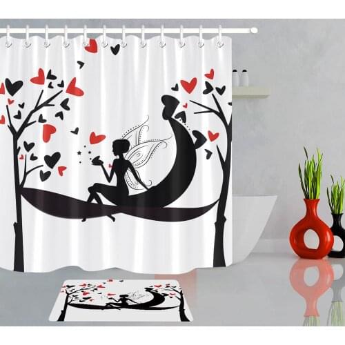 Red Hearts Black and White Fairy Butterflies Girl Shower Curtain Valentines Day Cloth Fabric Bath Curtain Bathroom Decor or Mat