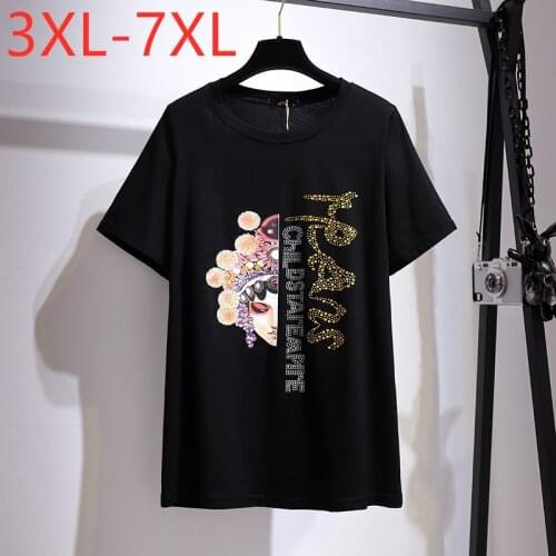 New 2021 Ladies Chinese Summer Plus Size Tops For Women Large Short Sleeve Loose Cotton Black Print T-shirt 3XL 4XL 5XL 6XL 7XL