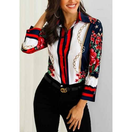 Summer New Womens T-shirt Fashion and Elegant Office Look Overalls Party Shirt Blouse Weekend Flower and Chain Print Casual Top