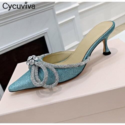 Glittering Rhinestone Women Slippers Brand Designer High Heel Slides Bowknot Pointed Toe Ladies Summer Party Wedding Shoes Woman