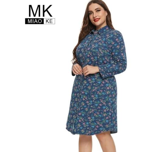 2021 women Long sleeves Printed Denim Shirt Dress fashion Ladies Retro elegant Plus Size dresses Women Clothing 4XL 5XL 6X