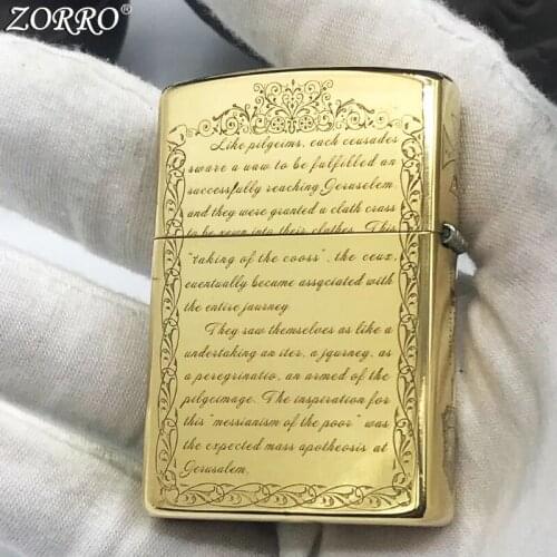 Zorro Kerosene Lighter Windproof Old Style Pure Copper Carving Army Logo Pattern Gasoline Lighter Men Gift Smoking Tool