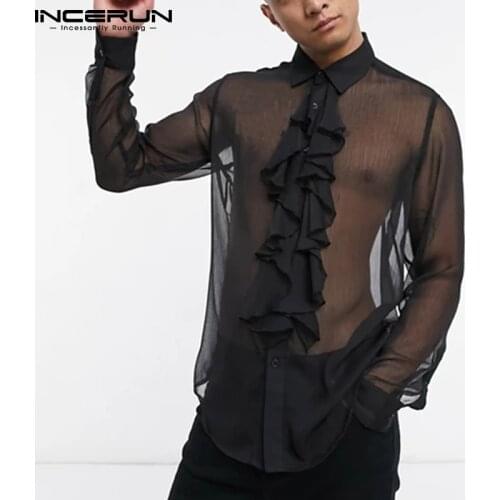 INCERUN 2021 Men Mesh Shirt See Through Streetwear Lapel Long Sleeve Sexy Tops Ruffled Fashion Party Nightclub Shirts Camisas 7