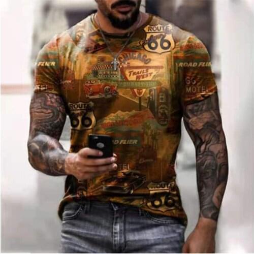 66 American Road T-shirt Summer New Short-sleeved T-shirt Top O-neck T-shirt Mens Oversized Shirt Retro Clothing