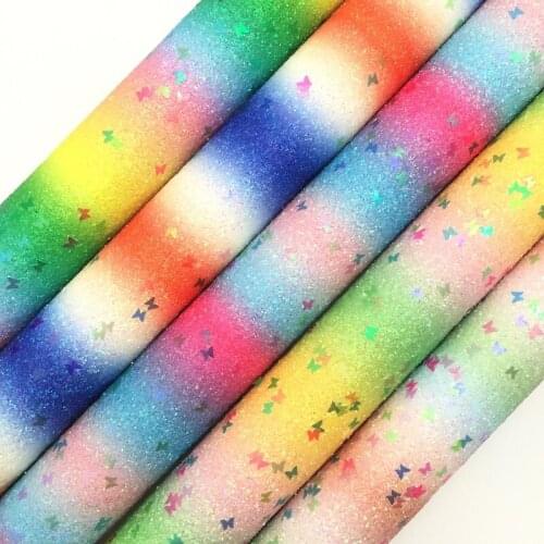 Amonglitter Wholesales Dropshipping Leather Supplier Rainbow Butterfly Glitter Leather Faux Fabric Felt Backing 21X29CM MB171