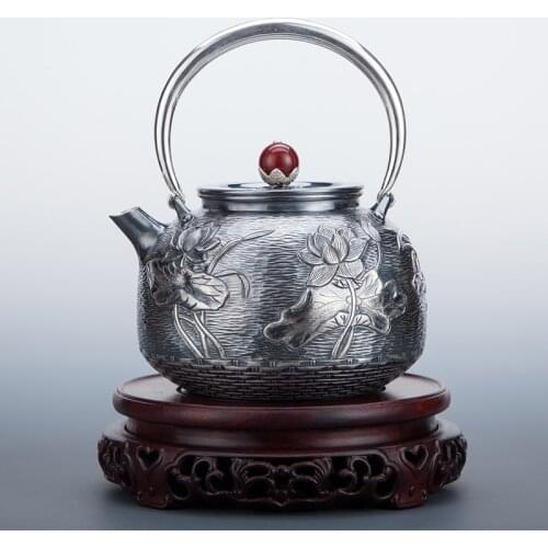 Pure silver Kung Fu tea set, manual production pure silver 999 do old burn water kettle mention beam pot, office gift collection