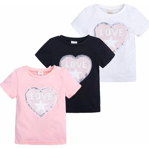 Summer New Style Change Face Color Magic Discoloration T-shirts Sequin Love Cartoon Paillettes T Shirt for Girls Gifts 2-8 Years