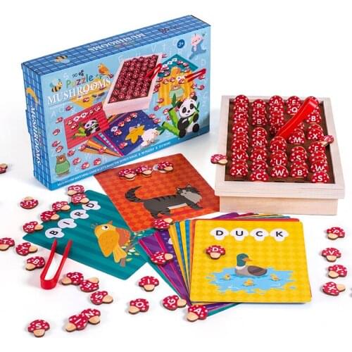 Mushrooms Matching Game Children Alphabet Learning Puzzles lets Make the Words Magic 90 Puzzle Wooden Toys Montessori 3-5 Years