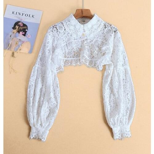 Lace Hollow Half Shirt Tops for Women Puff Long Sleeve Lapel Half Top Blouse Detachable False Fake Collar Necklace Accessories