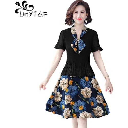UHYTGF Summer Dress Female Fake Two Piece Chiffon Floral Elegant Mother Loose 5XL Plus Size Dresses Casual Womens Clothes 2068