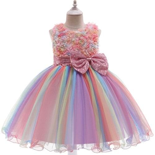 Melario New Lace Sequins Bow Formal Wedding Gown Tutu Princess Dress Flower Girls Children Clothing Kids Party for Girl Clothes