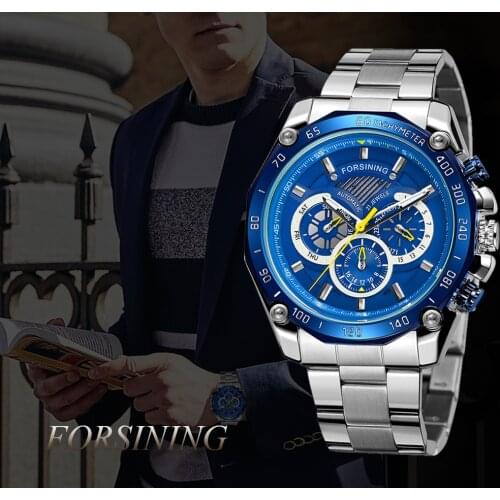 Forsining Mens Multi-Function Three-eye Six-Needle Automatic Mechanical Wristwatch Luxury Steel Band Male Clock Dropshipping