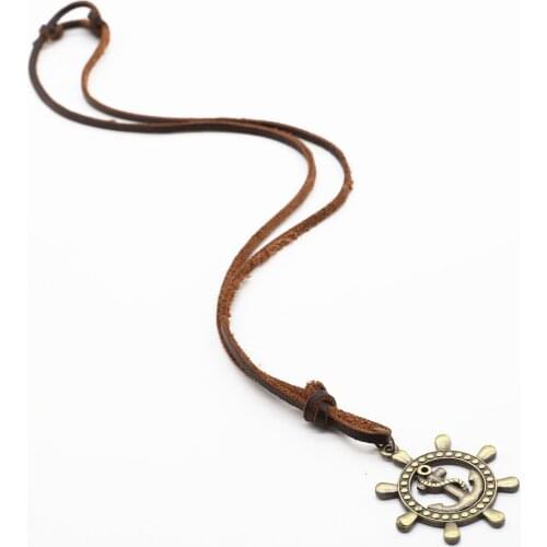 Rock Long Genuine Leather Cowhide Sweater Chain Maxi Bronze Rudder Alloy Men Pendant Necklace Women Homme Male Cowboy Jewelry