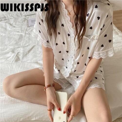 WIKISSPJS Pajama Girls Two-piece Suit of Imitating Ice Silk Sweet and Lovely Love Thin Cardigan In Summer Bedroom Set