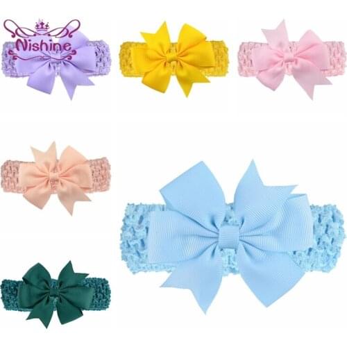 Nishine 10pcs/lot 8 CM Solid Color Dovetail Bowknot Headband Baby Girls Crochet Elastic Hair Bands Toddler Clothing Accessories