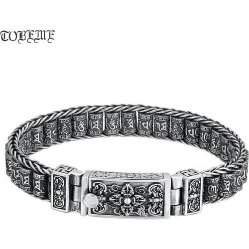 Handmade 925 Silver Tibetan Vajra Dorje Bracelet Tibetan Six Words Bracelet Vintage Sterling Buddhist Prayer-wheel Bracelet