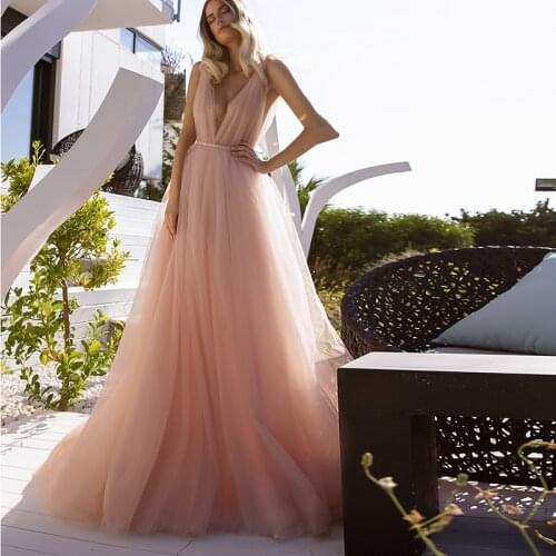 Blush Pink Bridal Dresses Sexy V Neck A-line Sleeveless Tulle Long Wedding Party Dress Elegant for Women