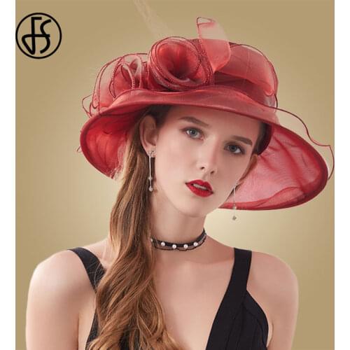 FS Summer Wide Brim Sun Hat Church Wedding Women Elegant Pink Purple Flowers Organza Hats Kentucky Derby Fedoras