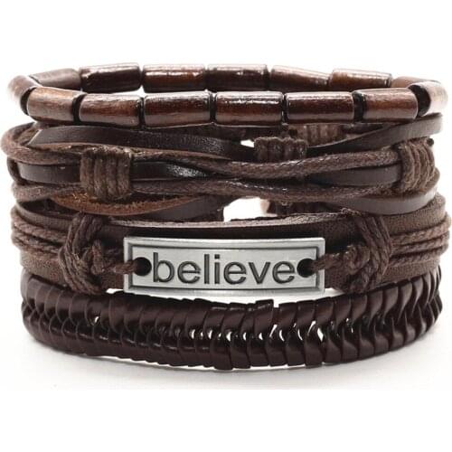 Vintage Wood Beaded Cross Believe Words Rivets Charm Genuine Leather Men Bracelet Homme Women Femme Male Jewelry 3-4 pcs/set
