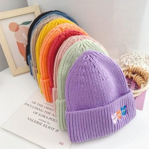 Cartoon Cute Smiling Face Embroidery Knitted Wool Hat Female Autumn and Winter All-Matching Pullover Hat Street Beanie Hat Men
