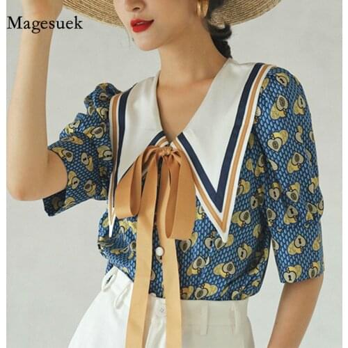 Korean Loose Women Tops Vintage Chic Puff Short Sleeve Printed Shirt Summer Bow Tie Blouse Woman Shirts Fashion Clothing 14636