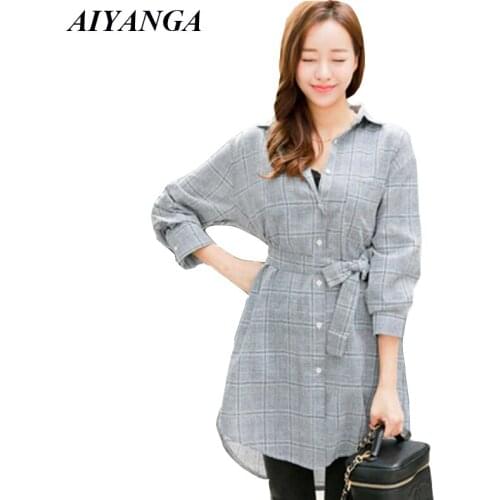 OL Shirts Women 2019 Spring Plaid Blouses Medium Long Shirt With Sashes Turn-down Collar Elegant Long Sleeve Blouse Female