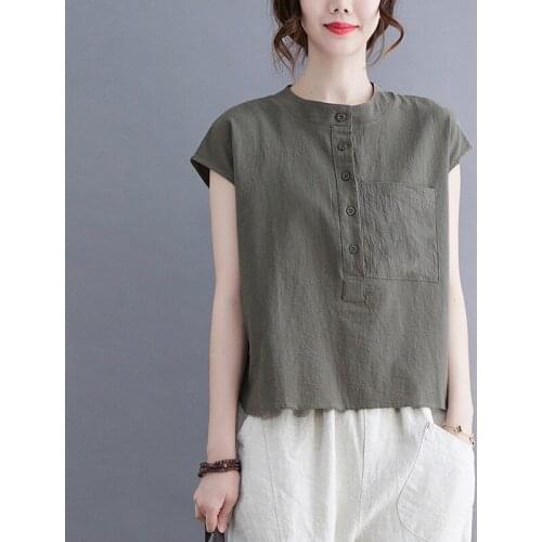 Women Summer Cotton Linen Casual T-shirts New Arrival 2021 Vintage Style Stand Collar Solid Color Loose Female Tops Tees B198