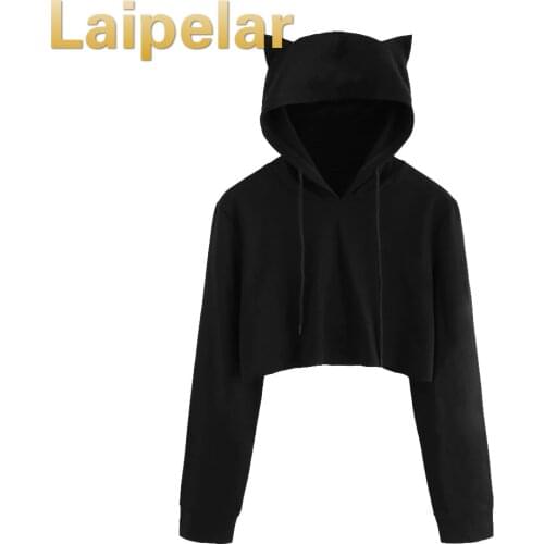 Laipelar Autum Winter Long Sleeve Cropped Hoodies Sweatshirt Women Cat Hooded Pullover Crop Tops Casual Clothes
