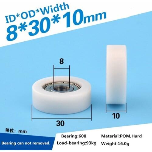 5PCS 8x30x10mm high quality white color delrin plastic flat pulley roller wheel 608 ball bearing roller POM flat wheel