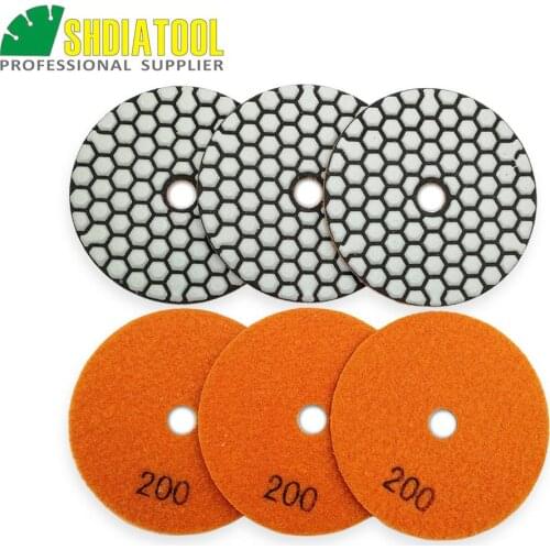 SHDIATOOL 6pcs 100mm #200 Dry Polishing Pads Dia 4inch Resin Bond Diamond Flexible sanding disc for granite & marble polishing