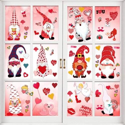 9 Sheets Valentines Day Gnome Window Cling Decorations Removable Valentines Window Decal Stickers Decorations