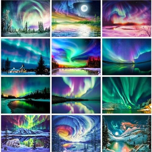 Huacan 5d Diy Diamond Painting Aurora Diamond Embroidery Mosaic Night View Rhinestones Picture Bedroom Decoration