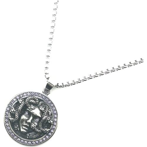 Unisex 316L Stainless Steel Medusa Blue Stone Pendant Chain