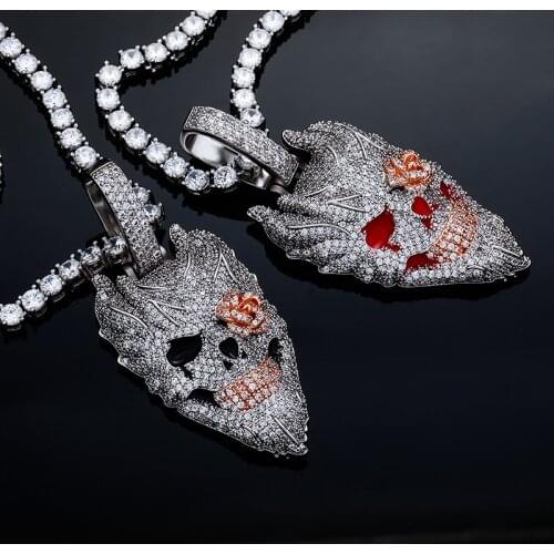 Full Cubic Zircon Fire Hell Ghost Pendant Necklace With Iced Out Tennis Chain For Men Fashion Hip Hop Gothic Skull Jewelry