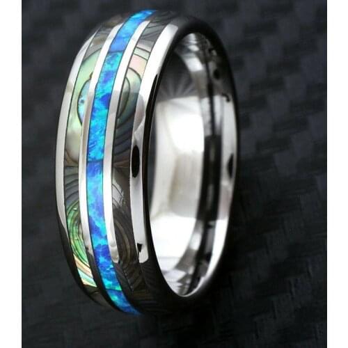 FDLK 8mm Blue Fashion Men Rings Abalone Shell Stainless Steel Rings Wedding Bands Party Gift For Men Jewelry Wholesale