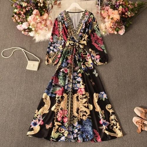 FTLZZ Spring Autumn Women Vintage V-neck Floral Print Puff Sleeve Dresses Elegant High Waist Bandage A-line Lady Midi Dresses
