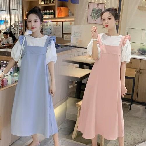509# T shirt + Plain Color Dress Maternity Clothes Loose Stylish Short Sleeves Dress Pregnant Women Mom Dress