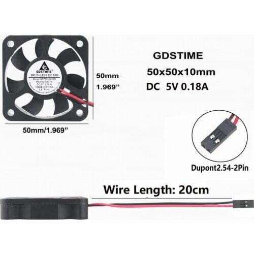Gdstime 2pcs DC 5V 2Pin Dupont Brushless 5010s 50x50x10mm 5010 High Speed Cooling Cooler Fan 50mm 5cm