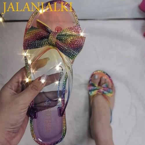 JALANJALKI Summer Ladies Jelly Shoes Shiny Chain Outdoor Sexy Women Slippers Transparent Casual Women Flip-flop Casual Bow Slide