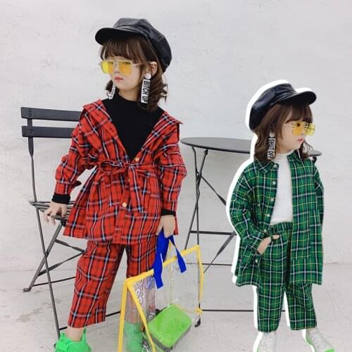 Spring Autumn girls 2 pcs set baby blouse + pants kids suit children fashion streetwear plaid check vintage lacing 3 to 13 yrs