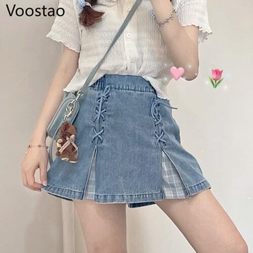 Summer Sweet Harajuku Plaid Patchwork Denim Skirts Women Cute Bow Bandage A-Line Shorts Skirt Girls High Waist Punk Party Skirt