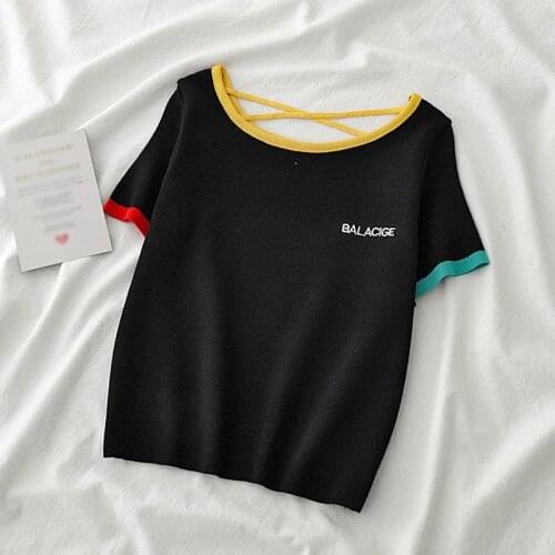 Summer Sweet Candy-Colored Slim-Fit Short-Sleeved Knitted T-Shirt Women Back Cross Round Neck Solid Top
